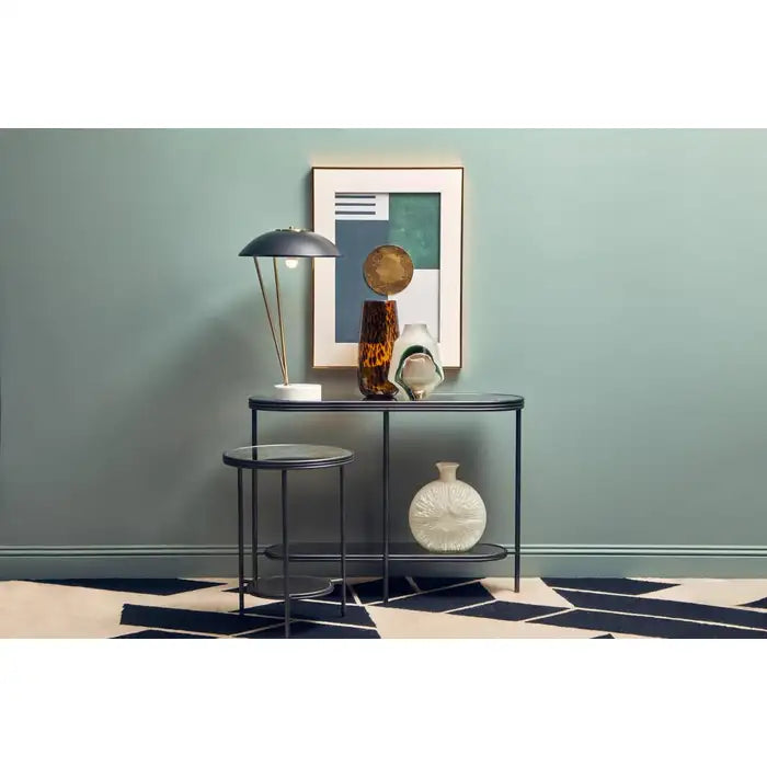 Industrial Black Metal Side Table – Glass Top & Lower Shelf -