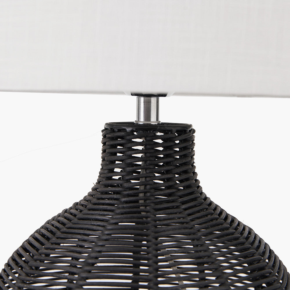 Modern Black Rattan Table Lamp with Linen Shade – 47cm