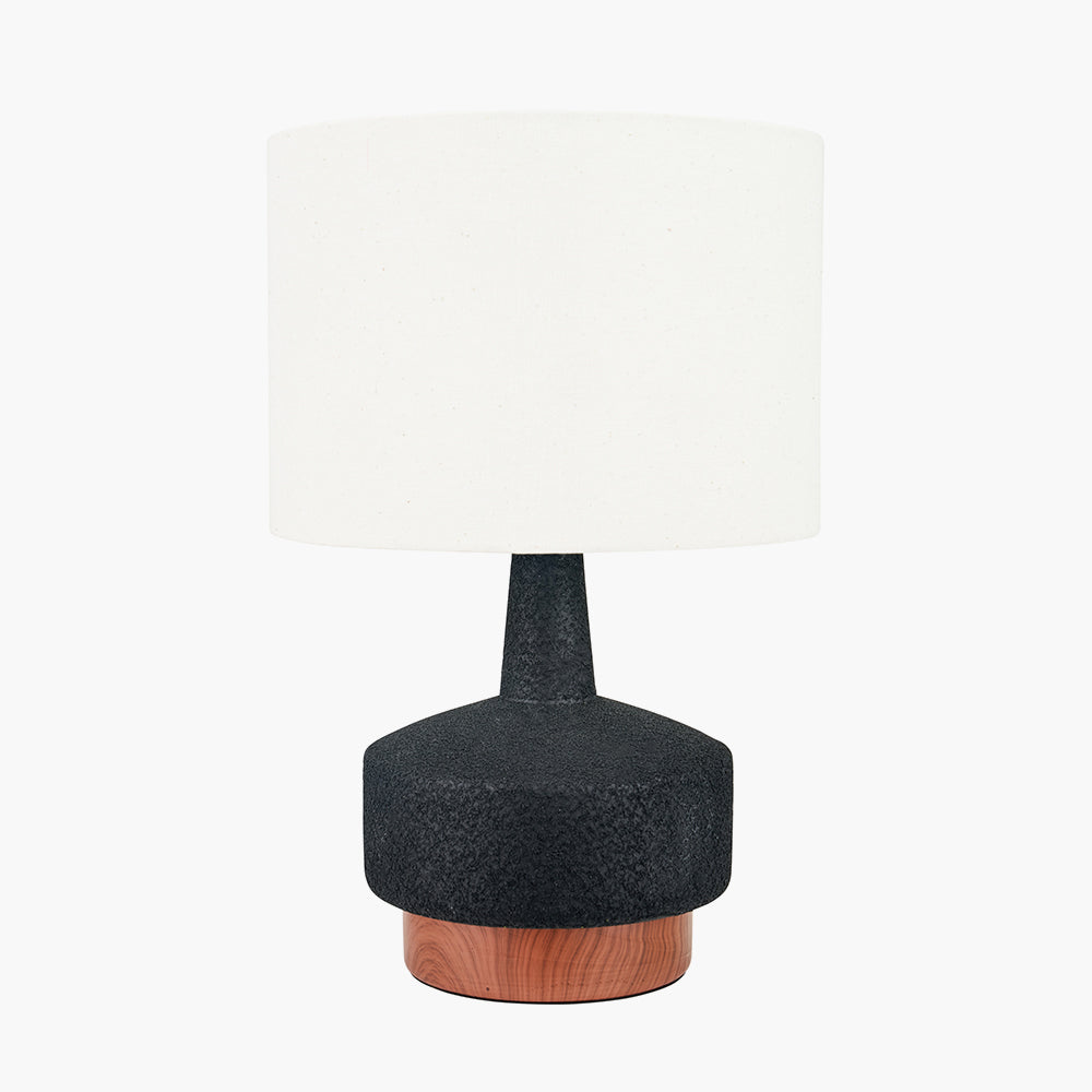 Modern Black Textured Table Lamp – Wood Effect Base & White Cotton Shade