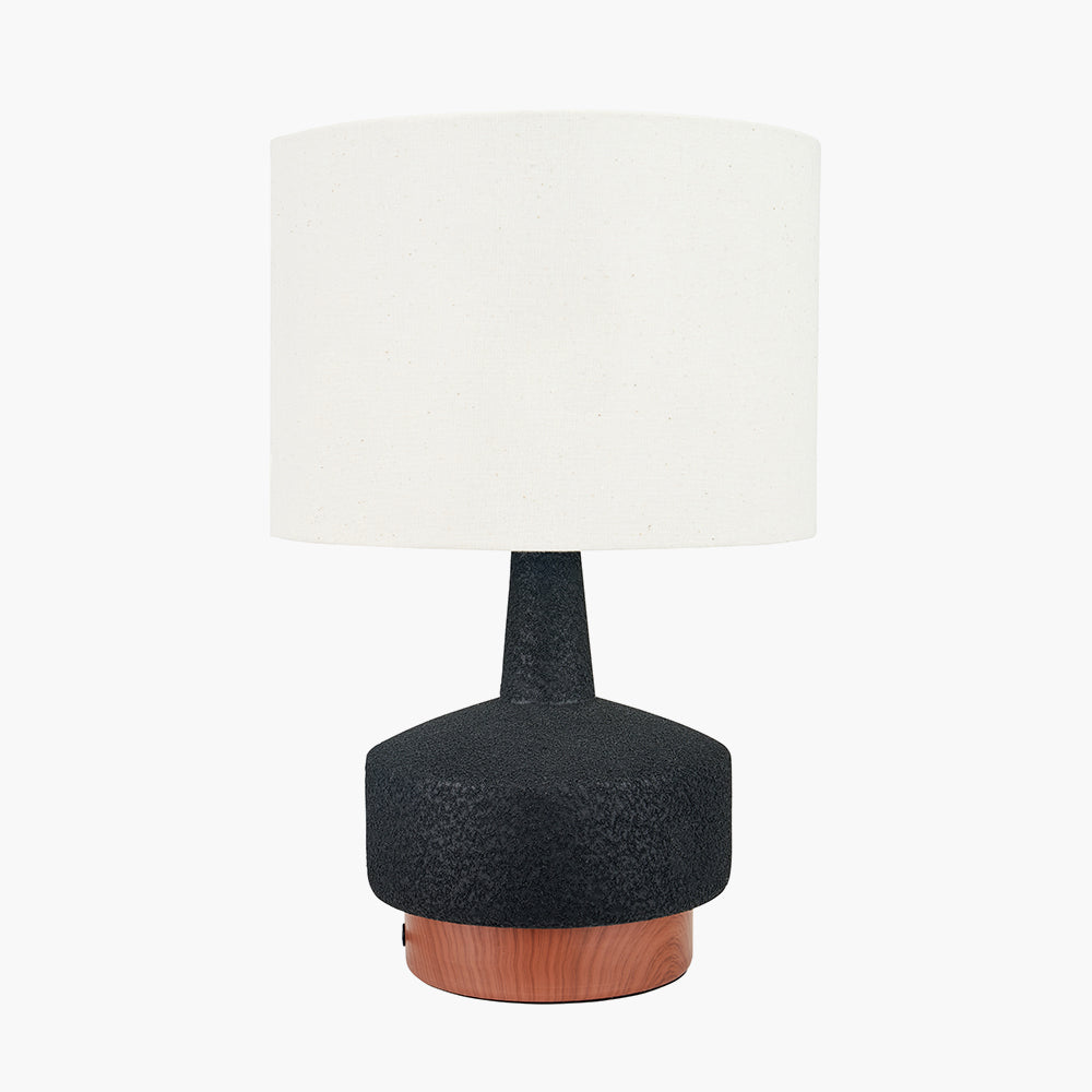 Modern Black Textured Table Lamp – Wood Effect Base & White Cotton Shade