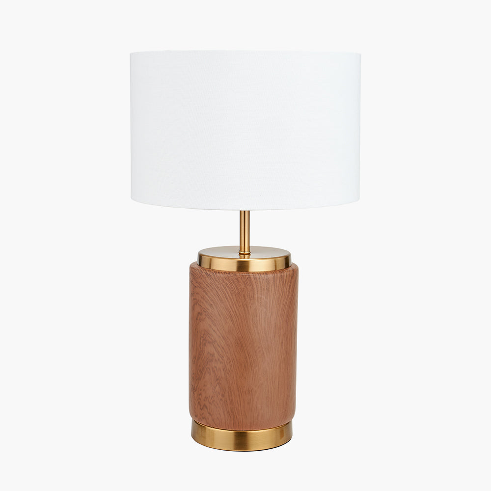 Modern Wood Effect Ceramic Table Lamp – Gold Accents & White Drum Shade