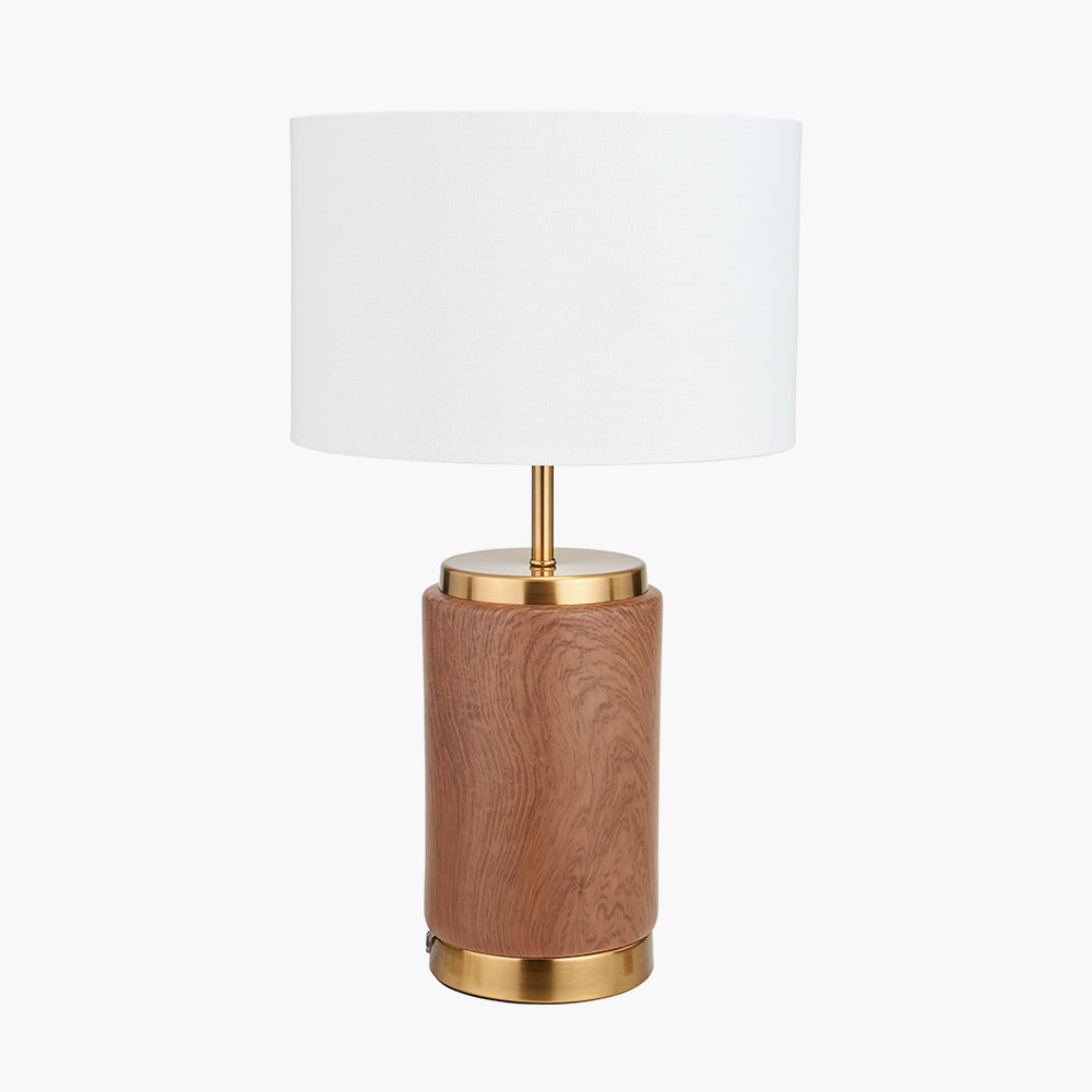 Modern Wood Effect Ceramic Table Lamp – Gold Accents & White Drum Shade