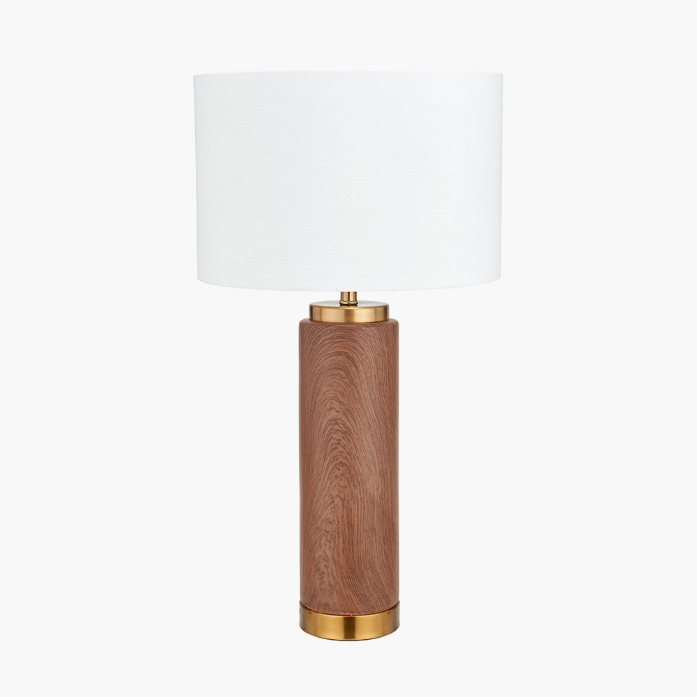 Modern Wood Effect Ceramic Table Lamp – Gold Accents & White Drum Shade