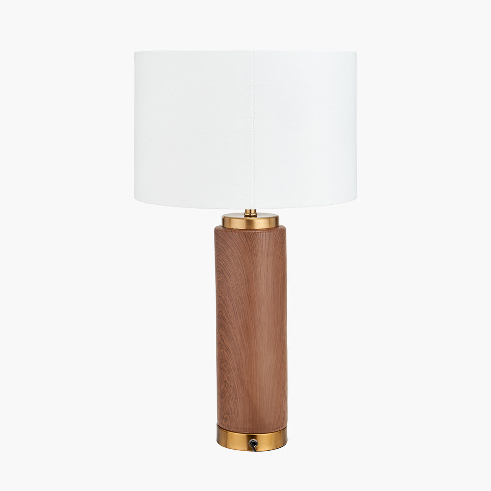 Modern Wood Effect Ceramic Table Lamp – Gold Accents & White Drum Shade