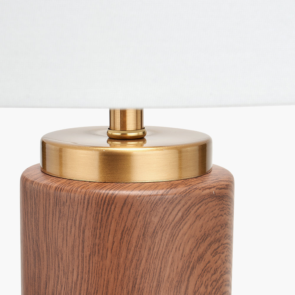 Modern Wood Effect Ceramic Table Lamp – Gold Accents & White Drum Shade