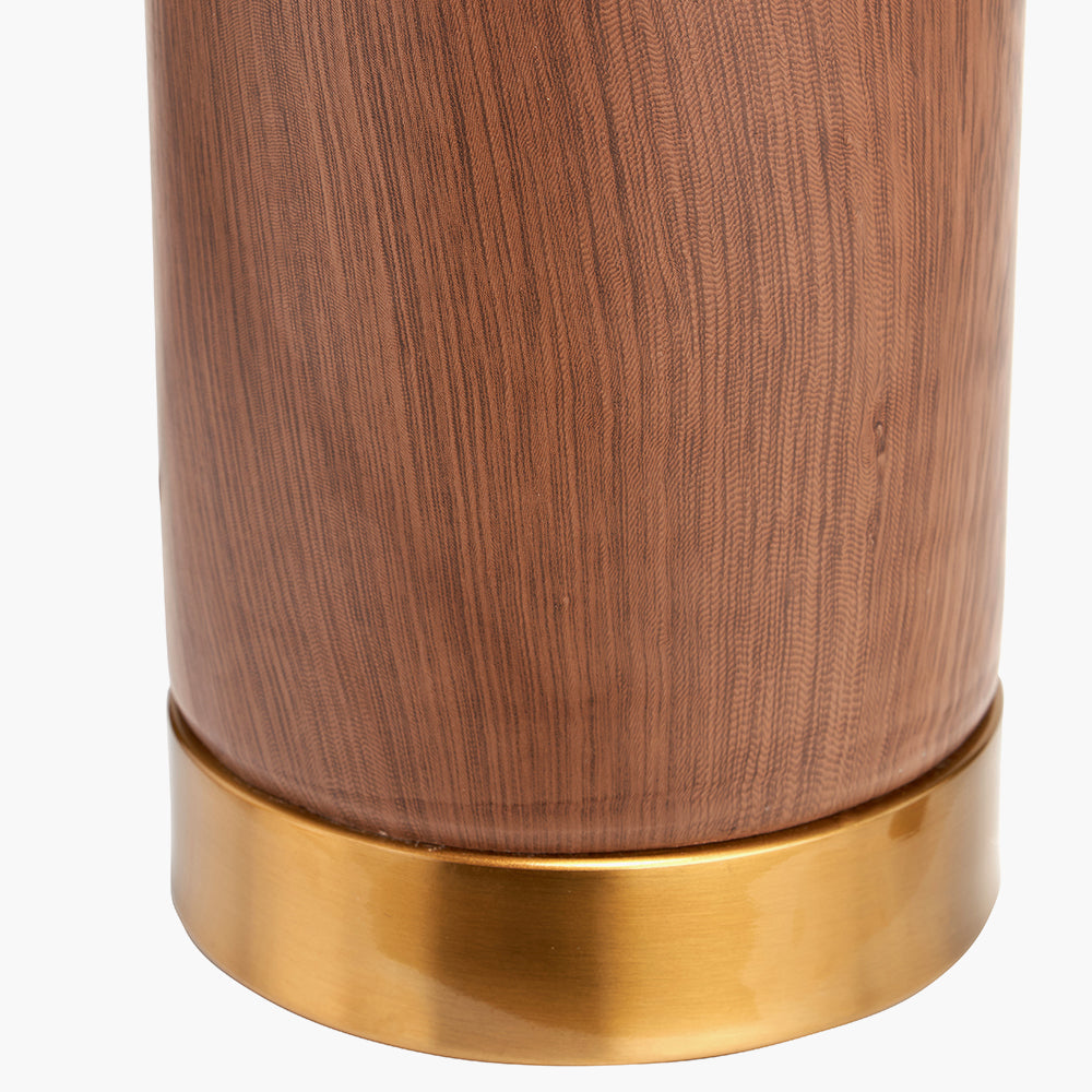 Modern Wood Effect Ceramic Table Lamp – Gold Accents & White Drum Shade