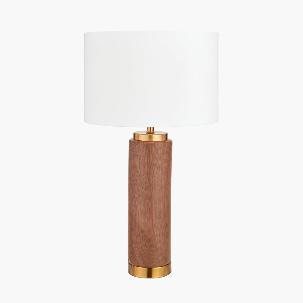 Modern Wood Effect Ceramic Table Lamp – Gold Accents & White Drum Shade -