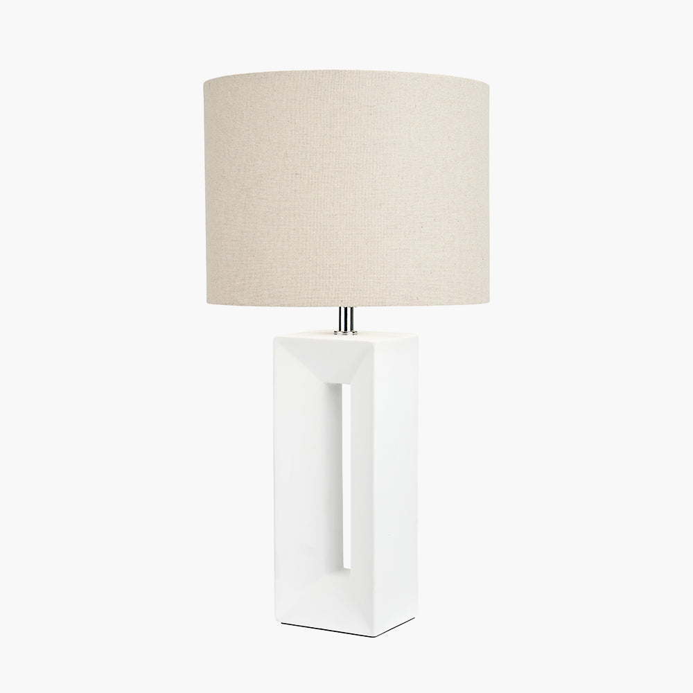 Elegant White Ceramic Table Lamp – Geometric Base & Neutral Linen Shade