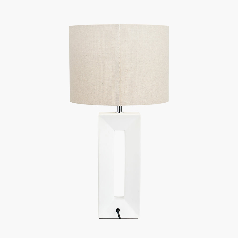 Elegant White Ceramic Table Lamp – Geometric Base & Neutral Linen Shade