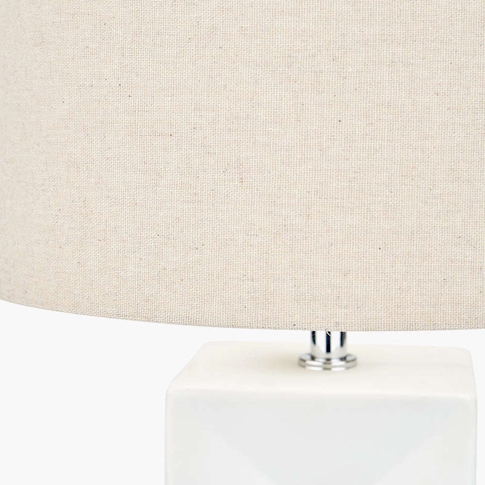 Elegant White Ceramic Table Lamp – Geometric Base & Neutral Linen Shade