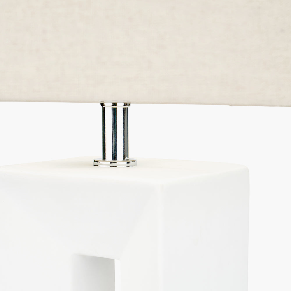 Elegant White Ceramic Table Lamp – Geometric Base & Neutral Linen Shade