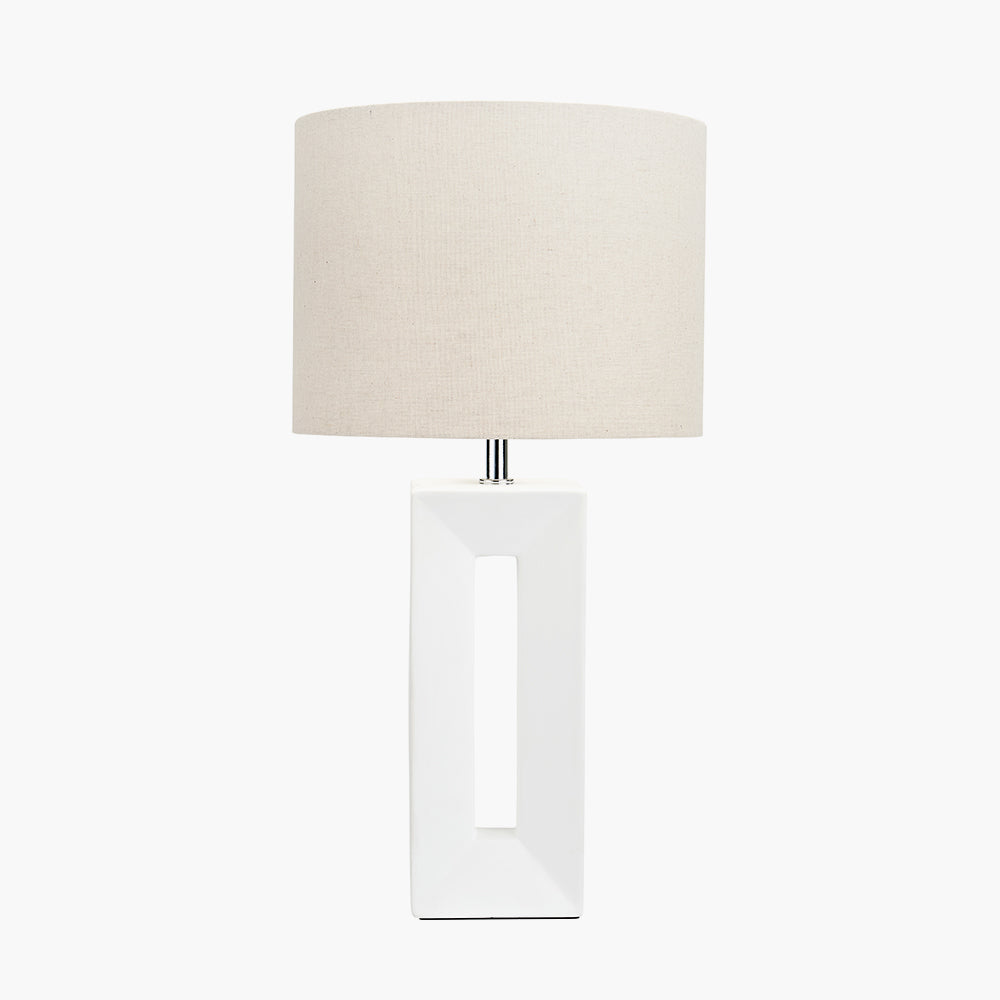 Elegant White Ceramic Table Lamp – Geometric Base & Neutral Linen Shade -