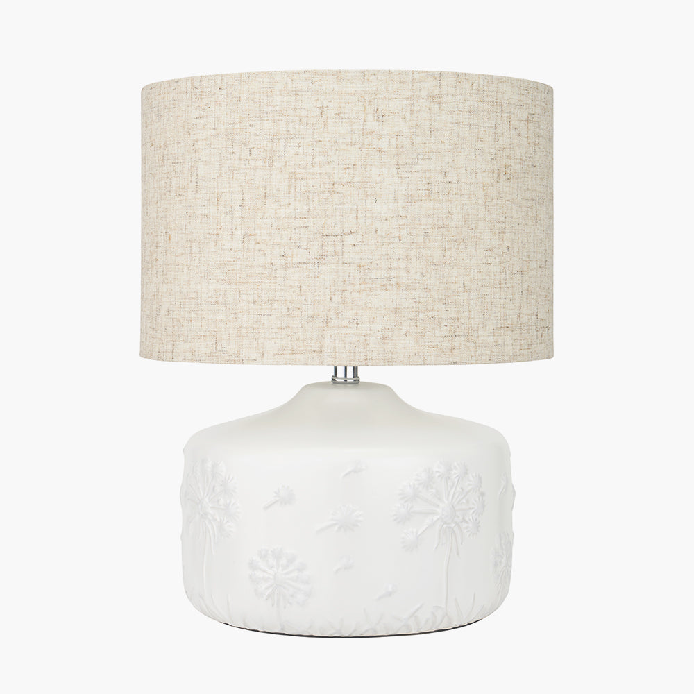 Delicate White Ceramic Table Lamp – Embossed Dandelion Base & Natural Cotton Shade -