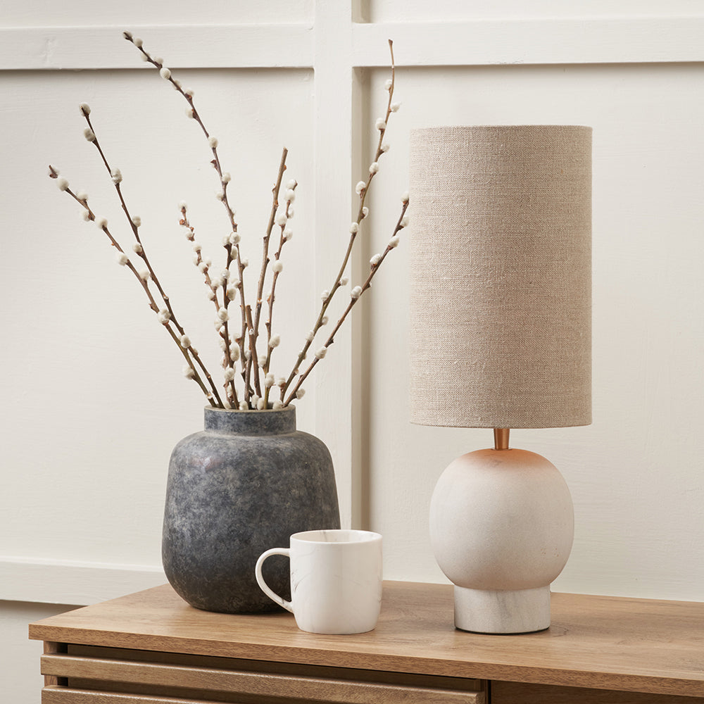 Modern Sandstone Table Lamp – Rounded Base & Natural Linen Shade -