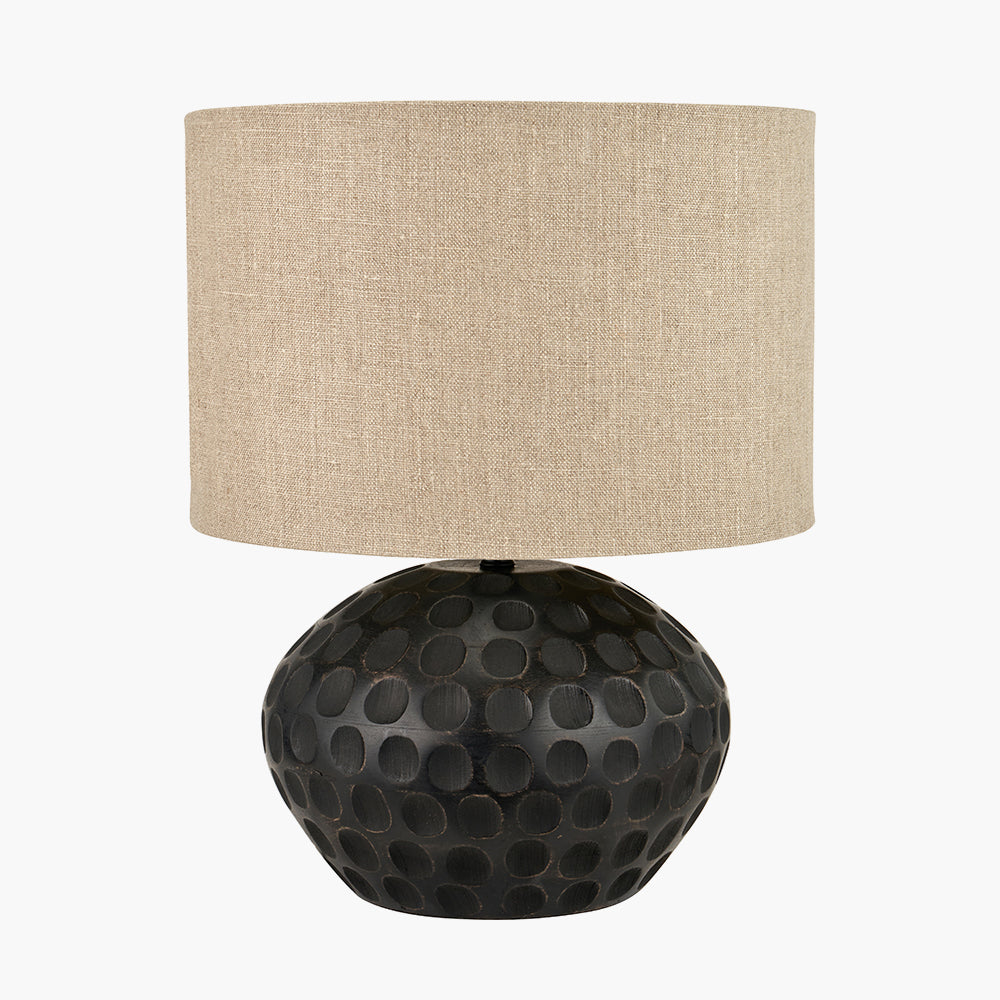 Antique Black Mango Wood Table Lamp – Textured Base & Natural Linen Shade -