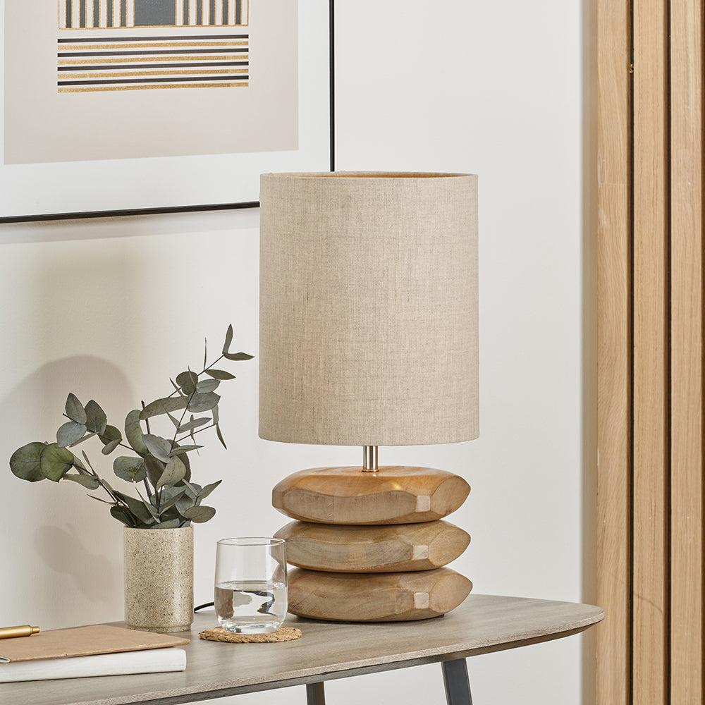 Rustic Mango Wood Table Lamp – Stacked Base & Cream Linen Shade -