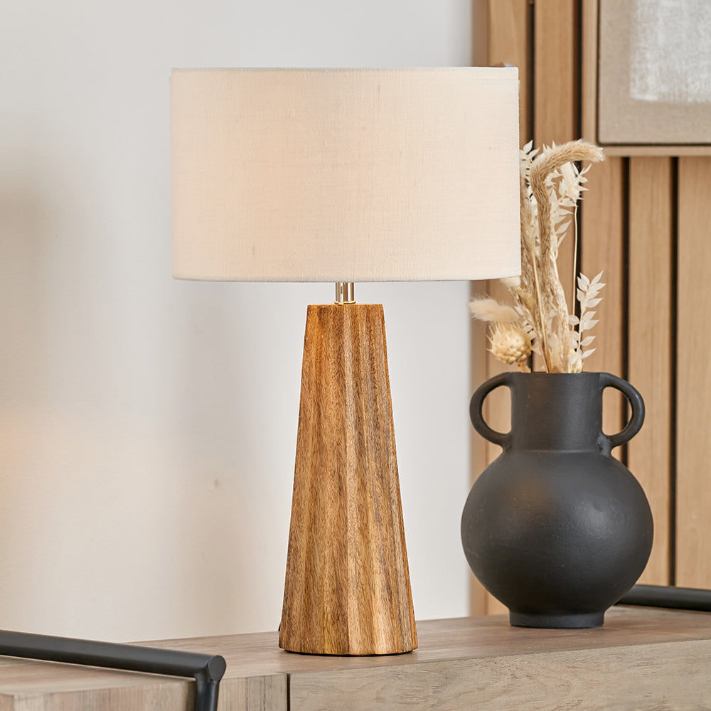 Modern Natural Mango Wood Table Lamp – Fluted Base & White Cotton Shade -