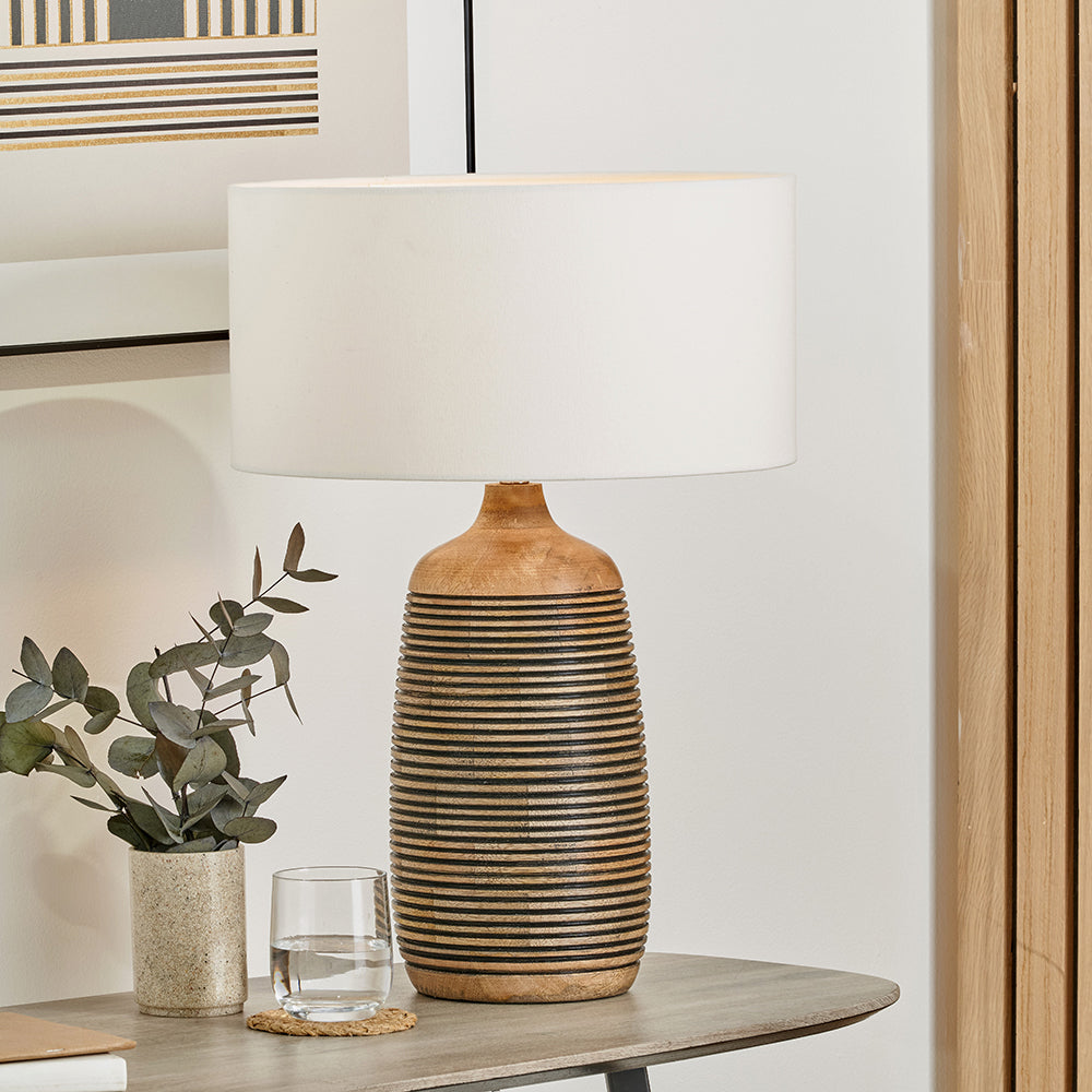 Rustic Mango Wood Table Lamp – Carved Grooves & White Linen Shade -