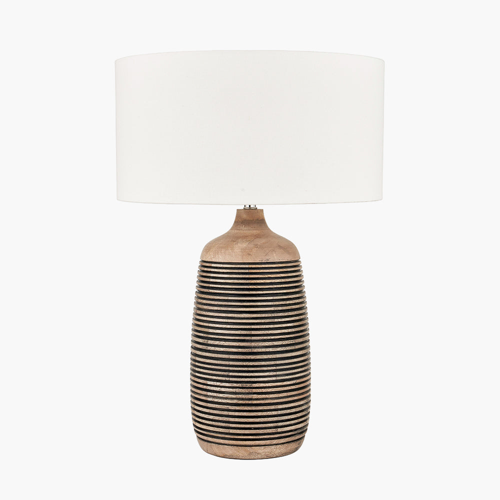 Rustic Mango Wood Table Lamp – Carved Grooves & White Linen Shade -