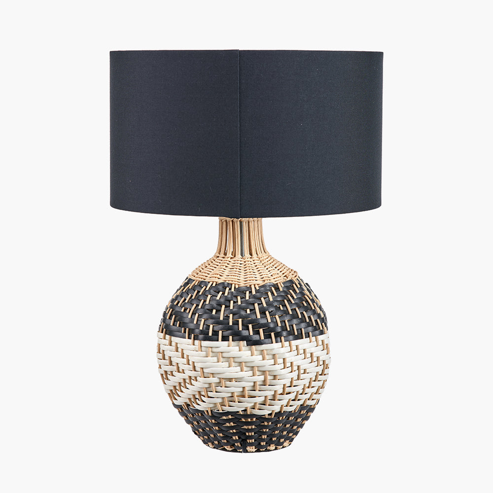 Modern Black & White Rattan Table Lamp – Natural Woven Base & Black Fabric Shade