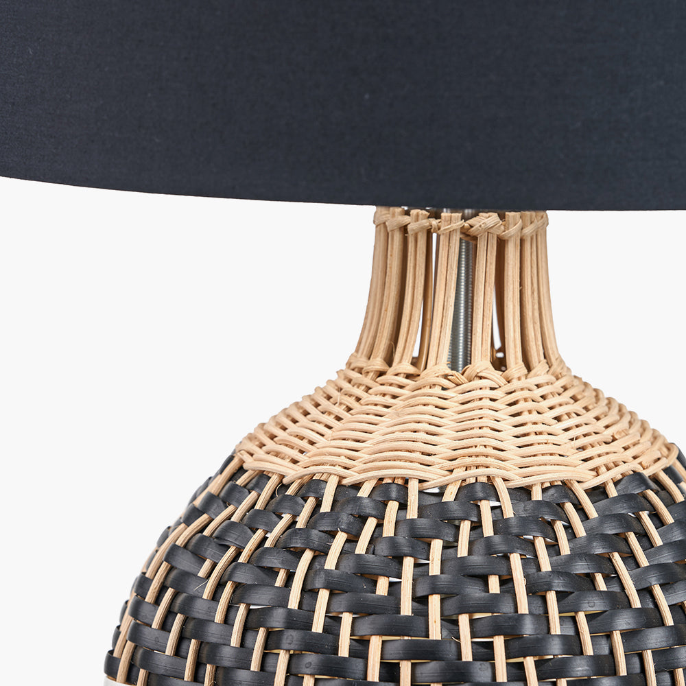 Modern Black & White Rattan Table Lamp – Natural Woven Base & Black Fabric Shade