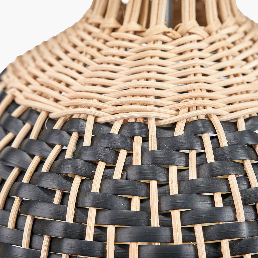 Modern Black & White Rattan Table Lamp – Natural Woven Base & Black Fabric Shade