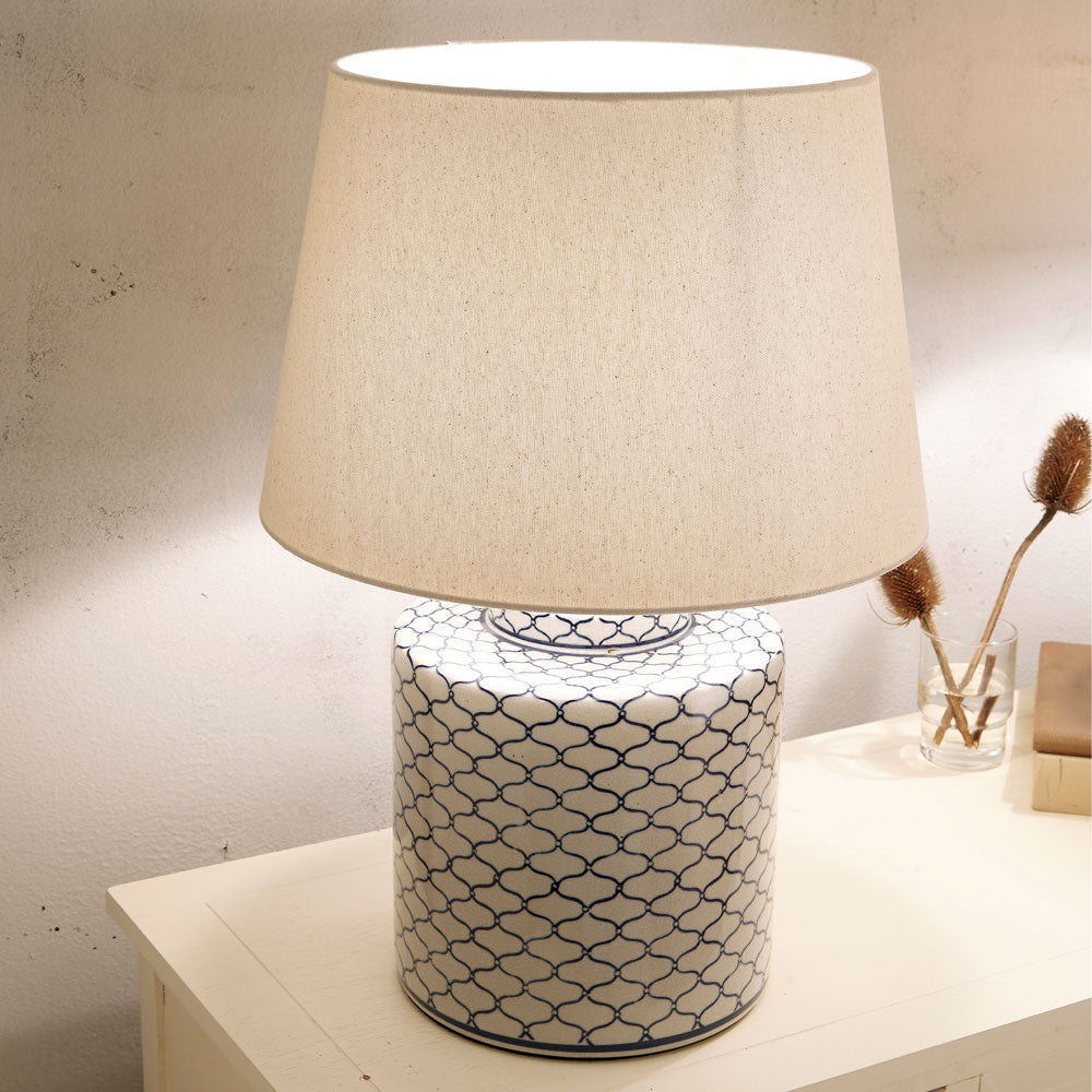 Elegant Ceramic Patterned Lamp – Grey & Blue with Classic Fabric Shade
