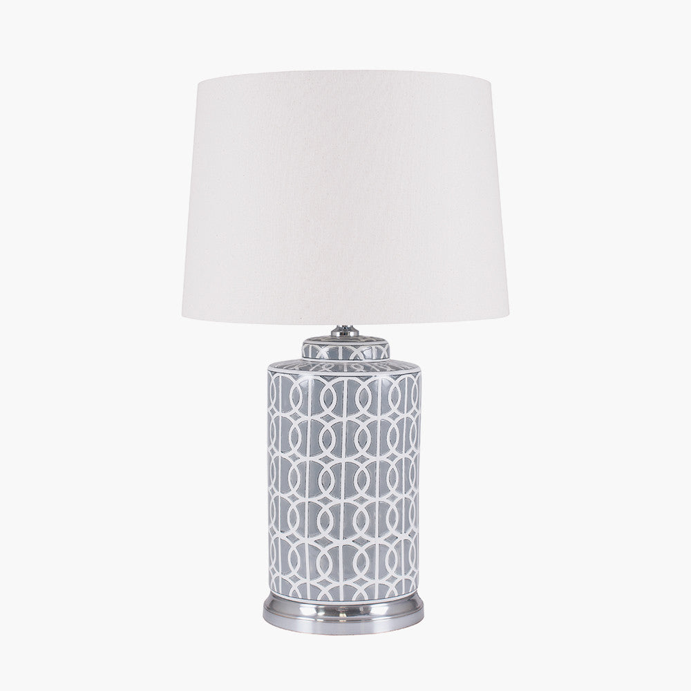 Elegant Grey & White Ceramic Table Lamp – Patterned Base & Neutral Shade