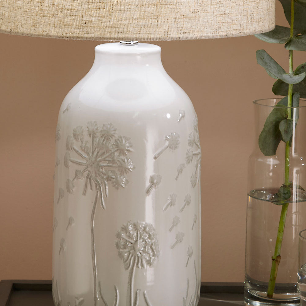 Elegant Ceramic Floral Table Lamp – White with Textured Design