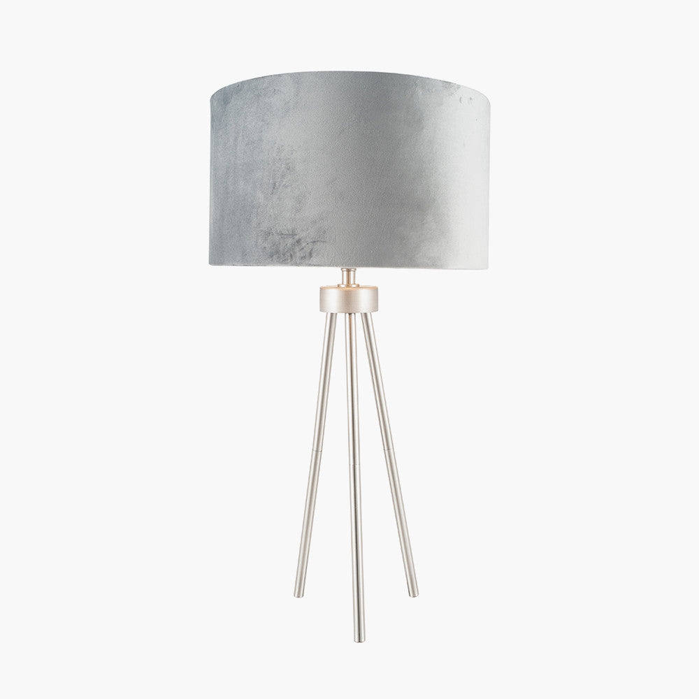 Modern Brushed Silver Tripod Table Lamp – Grey Drum Shade