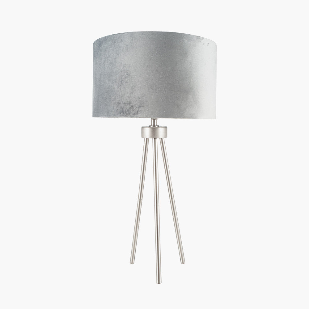 Modern Brushed Silver Tripod Table Lamp – Grey Drum Shade