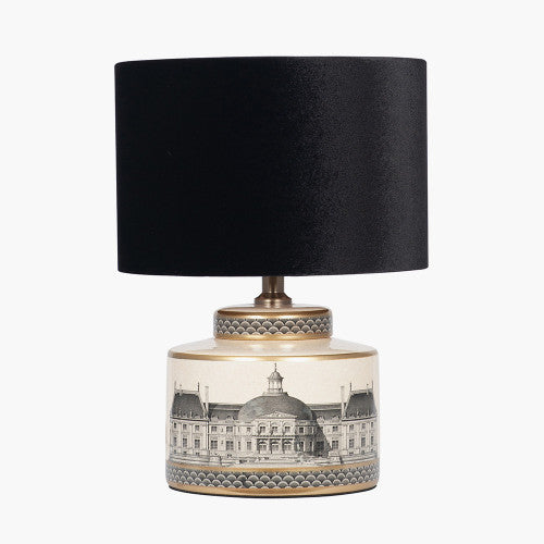 Classic Cream & Black Ceramic Lamp Base with Architectural Design - Small