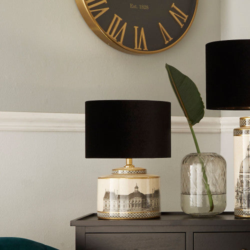 Classic Cream & Black Ceramic Lamp Base with Architectural Design - Small