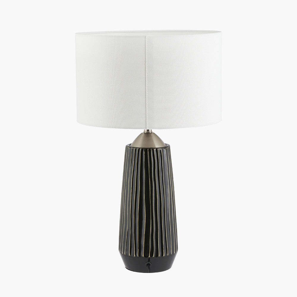Modern Ceramic Table Lamp – Black Textured Base with Brushed Silver Detailing