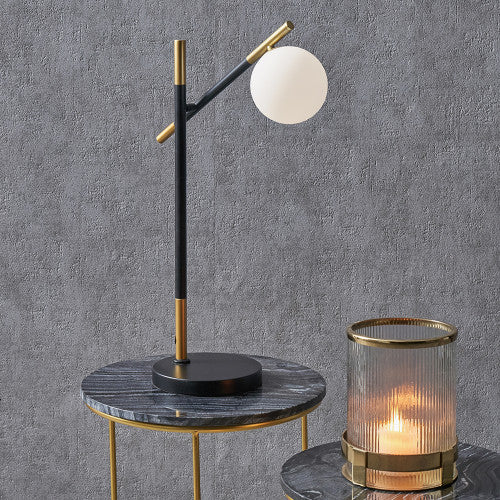 Sleek Black & Gold Metal Table Lamp with White Globe Shade