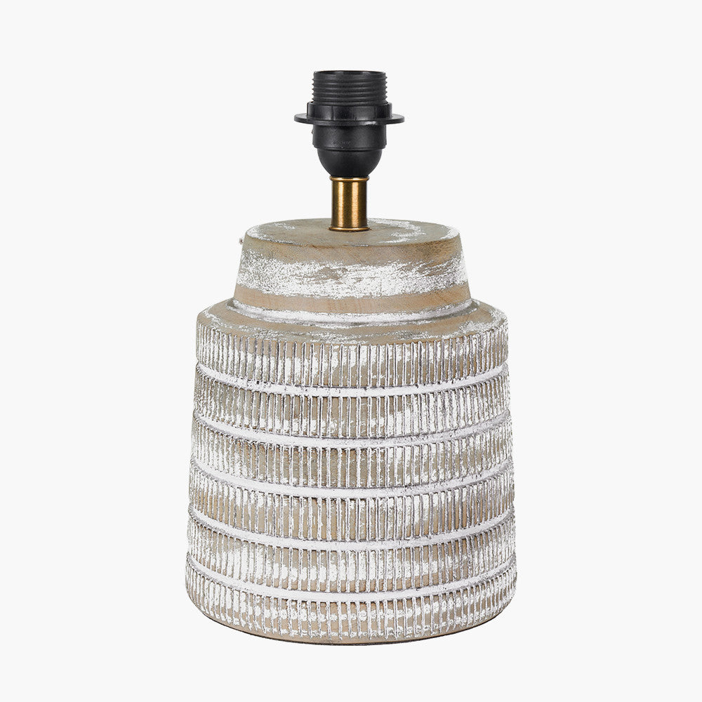 Rustic White Wooden Table Lamp – Textured Base & Neutral Drum Shade -