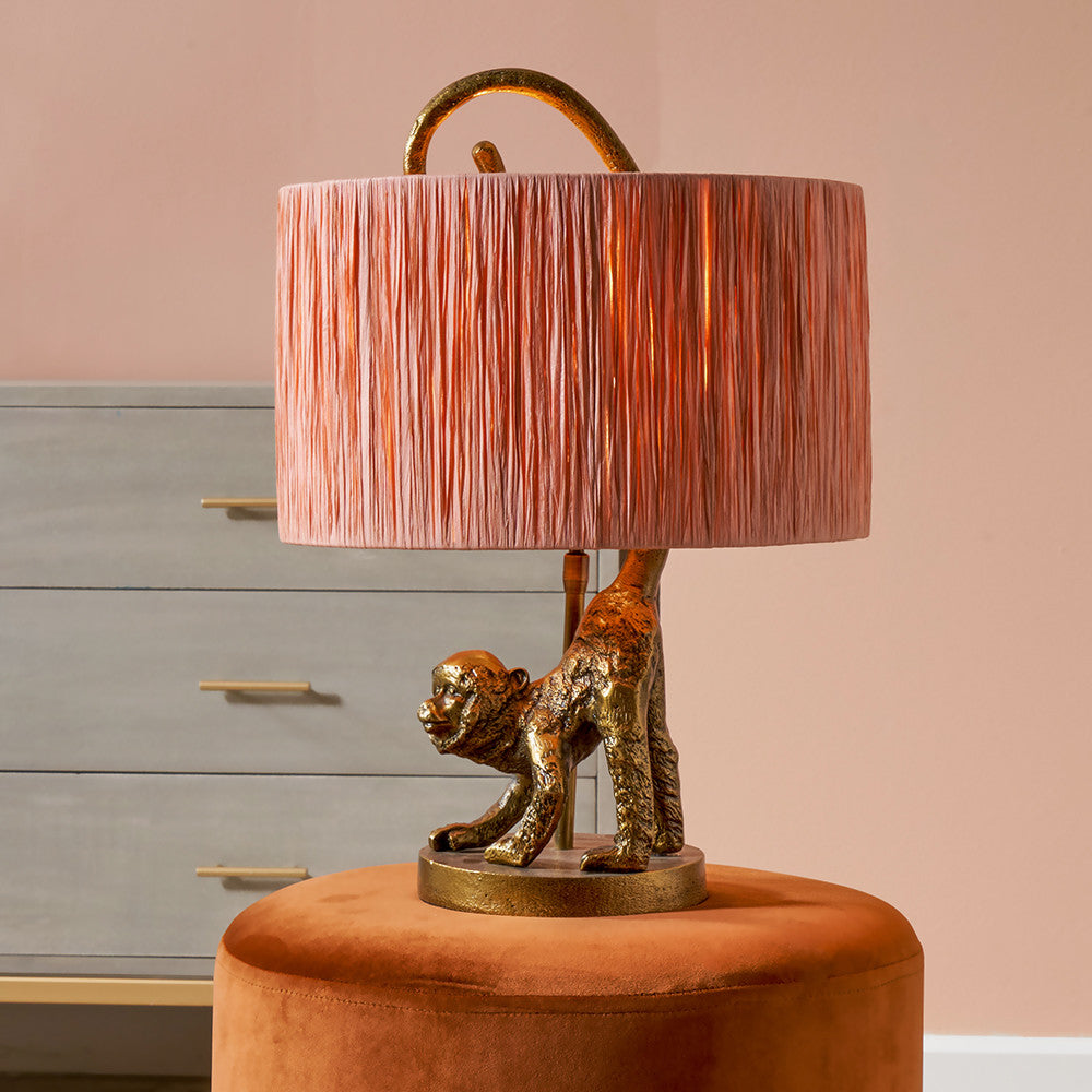 Antique Brass Monkey Table Lamp – Pleated Pink Shade