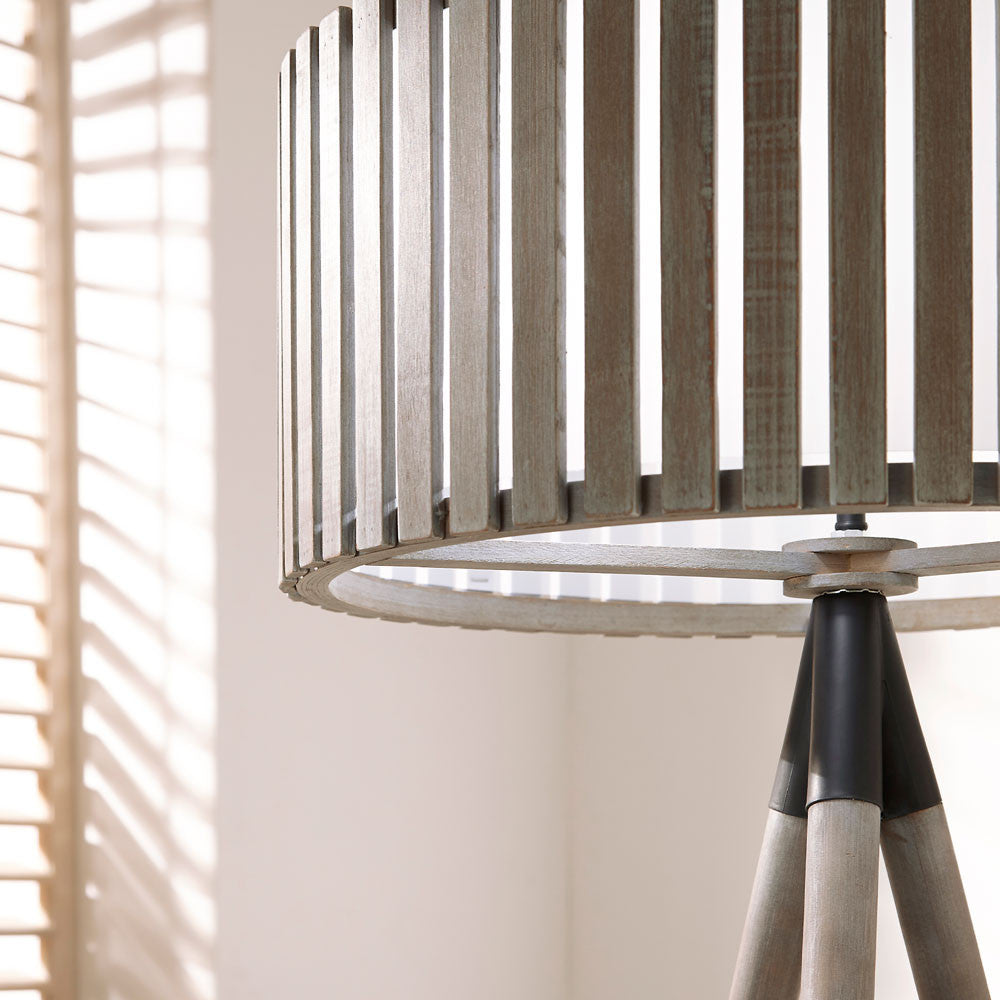 Charming Weathered Wood Tripod Floor Lamp – Modern Slatted Shade
