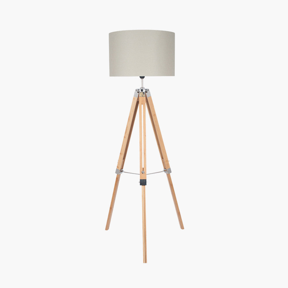 Chic Natural Wood Tripod Floor Lamp – Adjustable Height & Fabric Shade