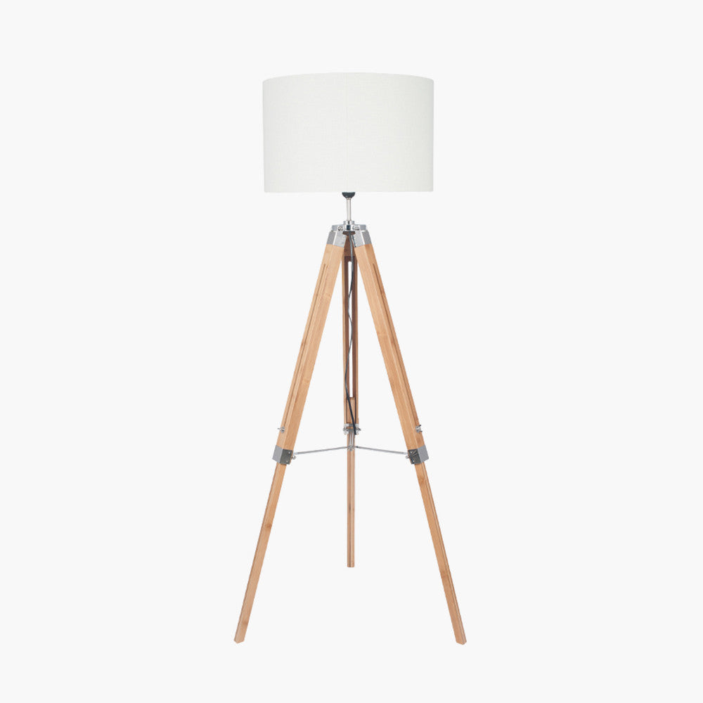 Chic Natural Wood Tripod Floor Lamp – Adjustable Height & Fabric Shade