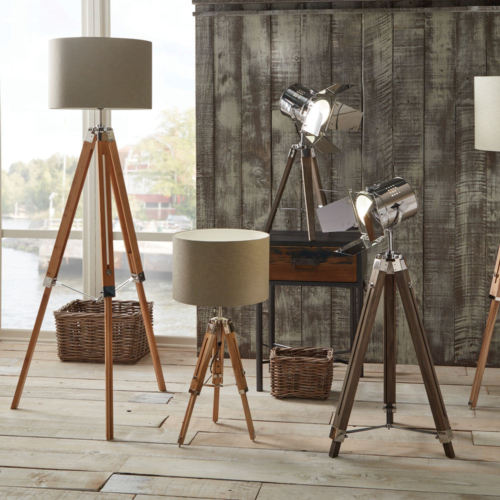 Chic Natural Wood Tripod Floor Lamp – Adjustable Height & Fabric Shade