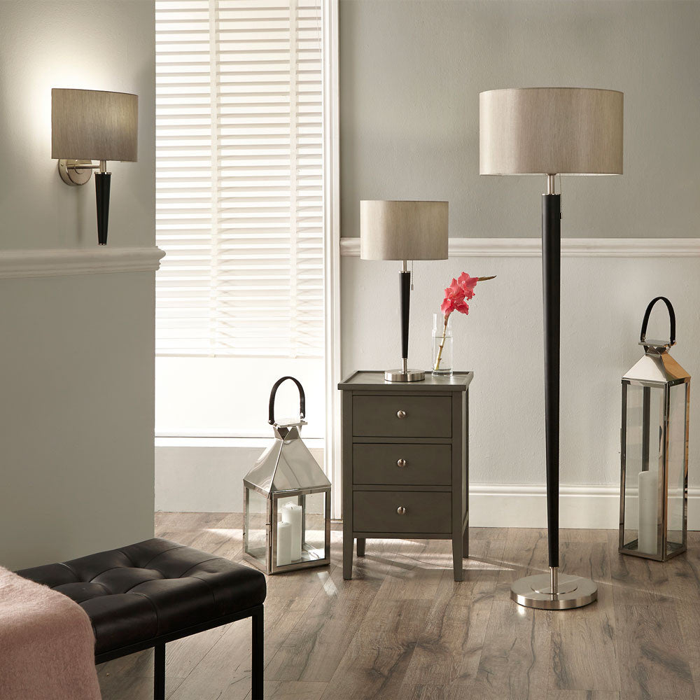 Modern Black & Silver Floor Lamp – Sleek Metal Design with Neutral Shade