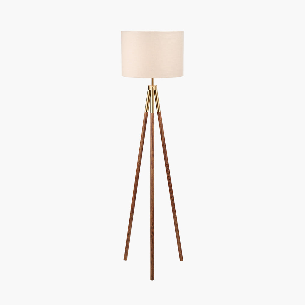 Traditional Dark Wood & Gold Tripod Floor Lamp with Natural Fabric Shade