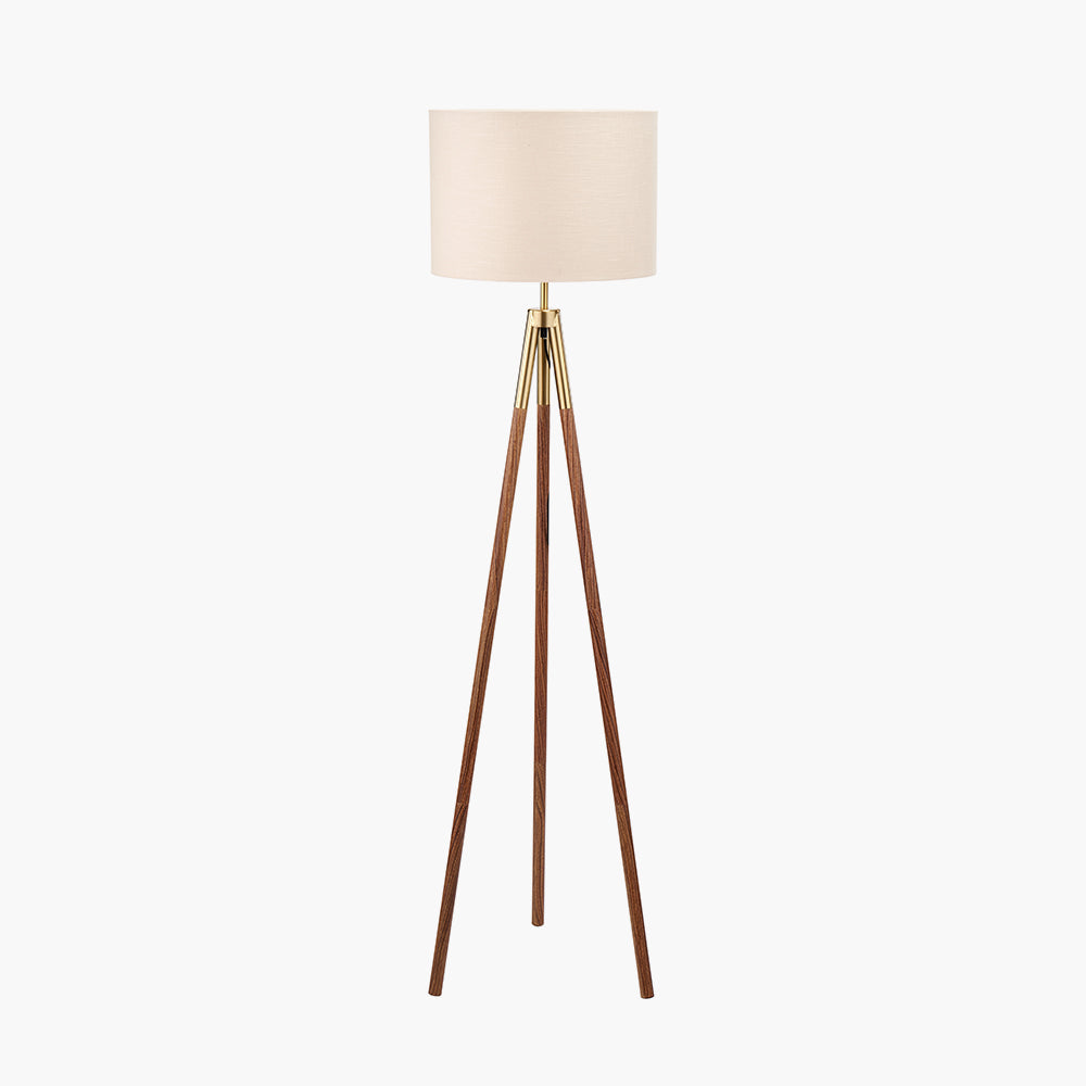 Traditional Dark Wood & Gold Tripod Floor Lamp with Natural Fabric Shade