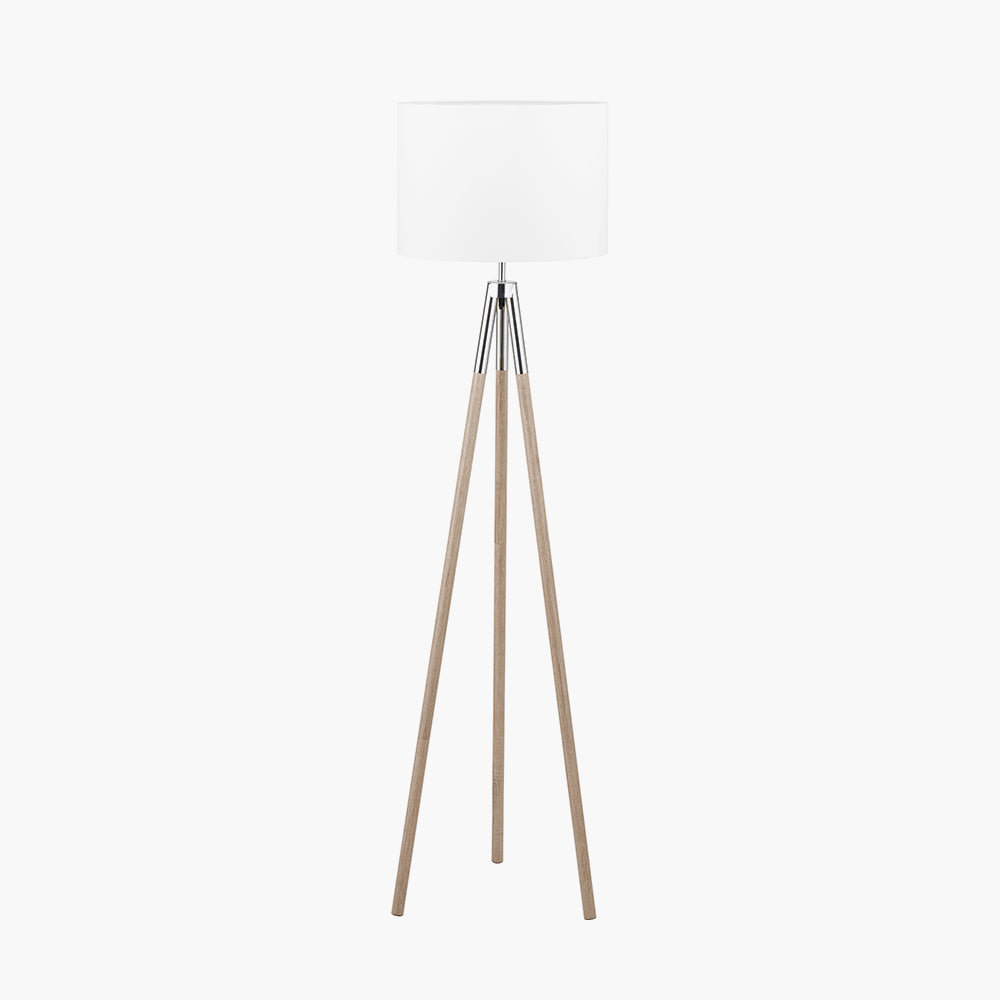 Traditional Grey Wood & Silver Tripod Floor Lamp with White Fabric Shade