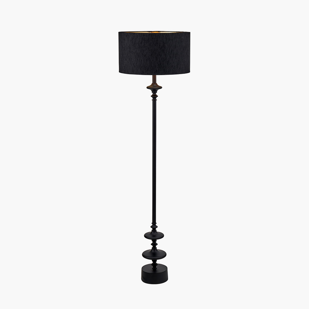 Sophisticated Matt Black Floor Lamp – Ornate Metal Design & Fabric Shade