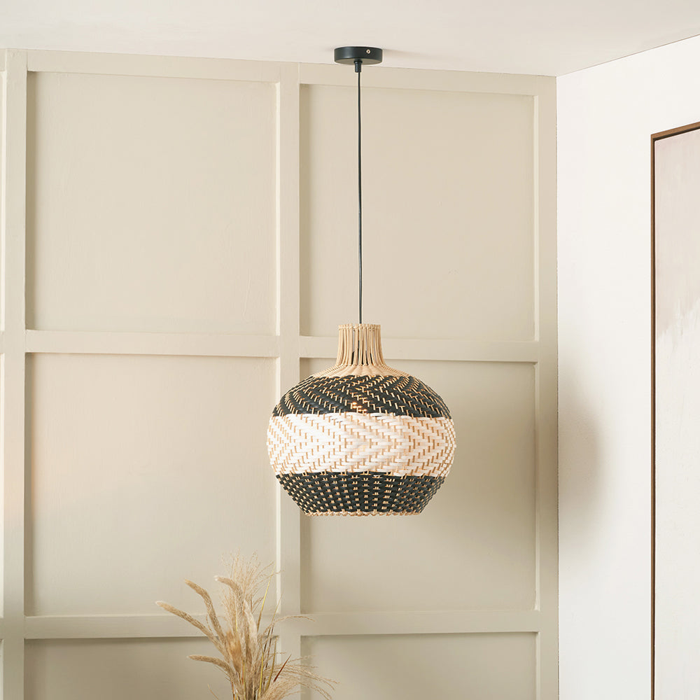 Rowan Natural Rattan Black and White Woven Pendant 39 cm