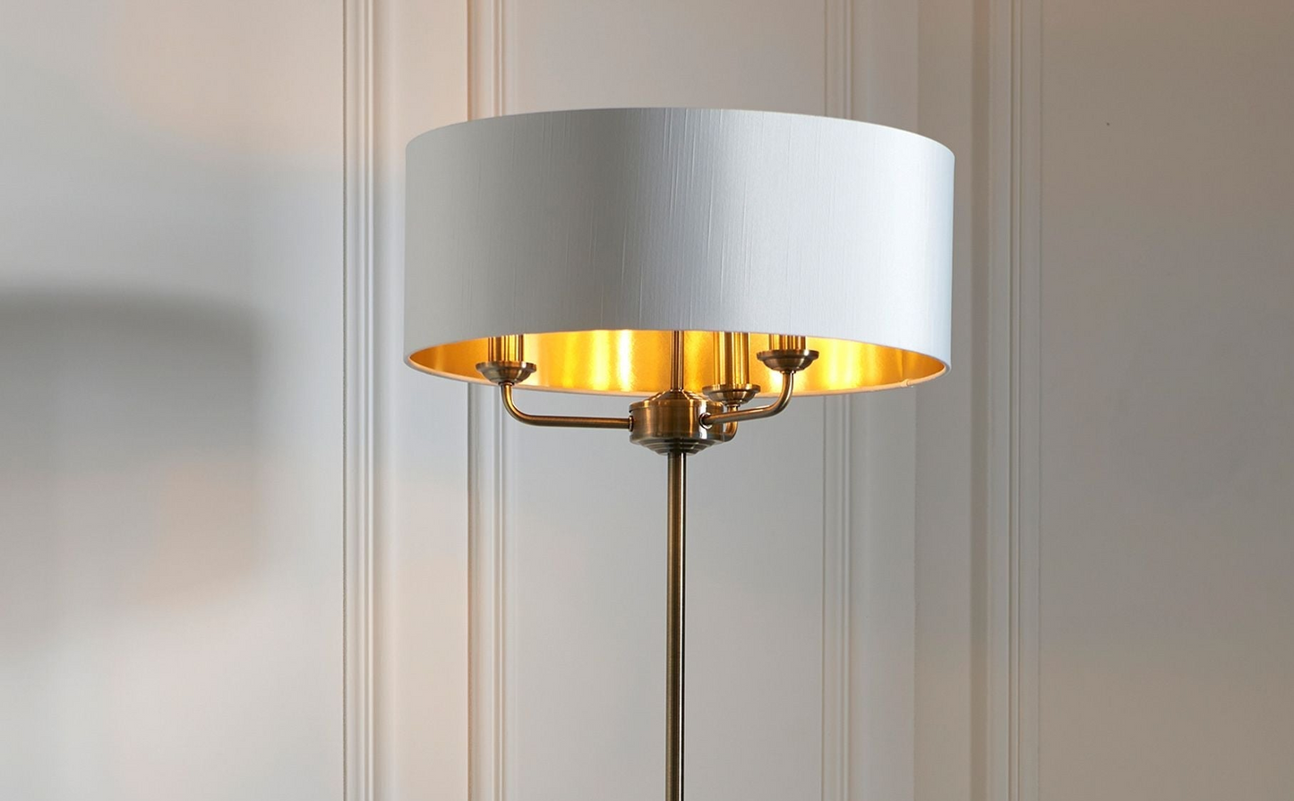 Traditional Brushed Brass Floor Lamp with Off White Fabric Shade - 3 Light