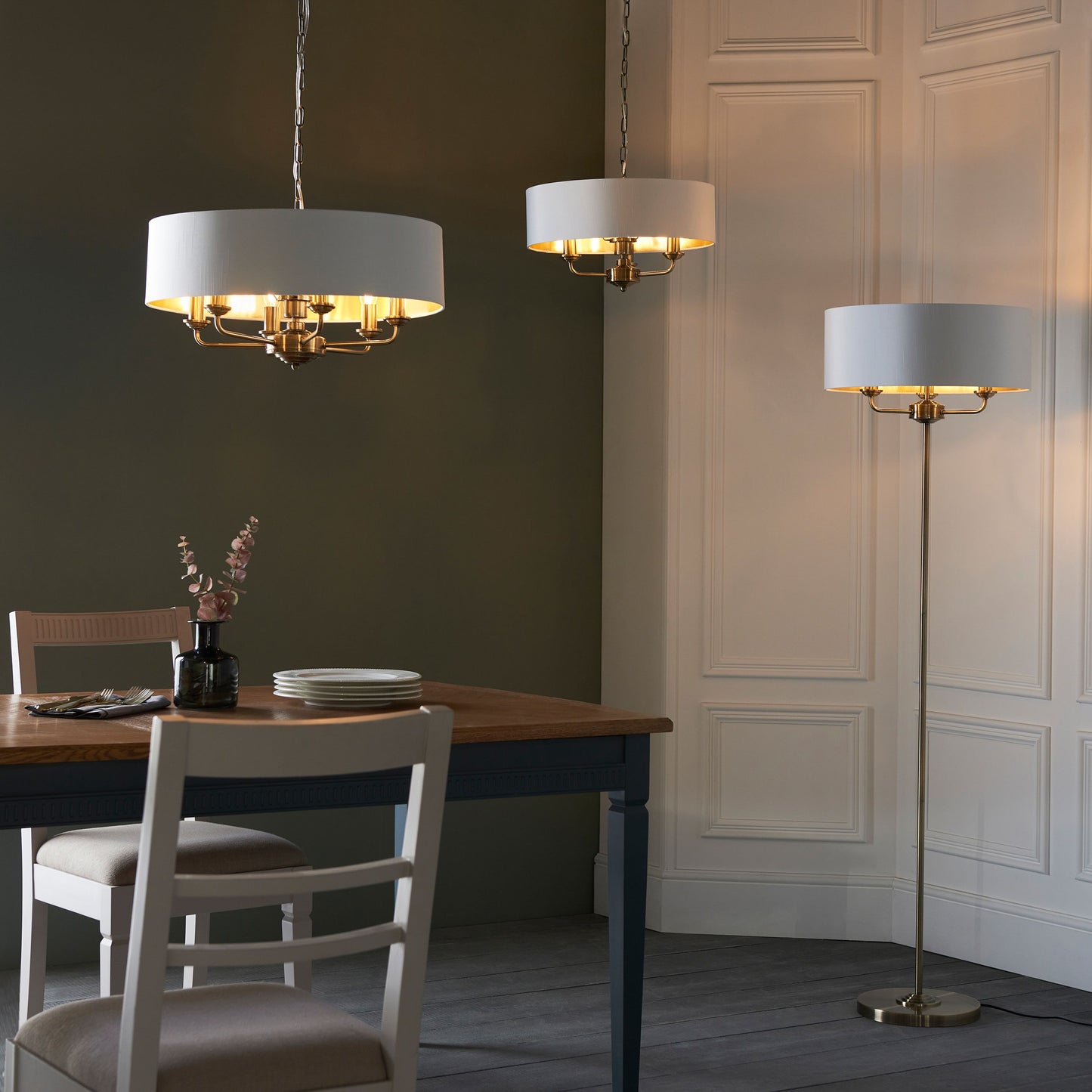 Classic Antique Brass Floor Lamp – Fabric Shade with E14 Bulb