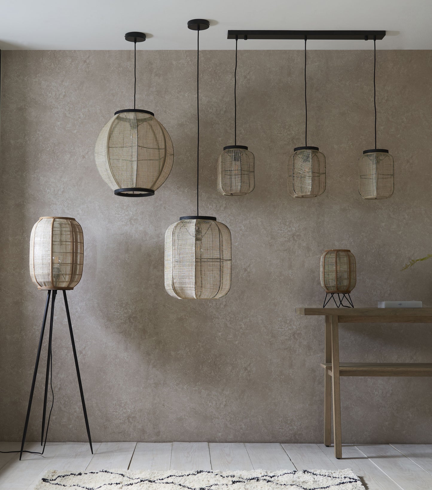 Black Metal Tripod Floor Lamp with Natural Bamboo Shade - 132.5cm